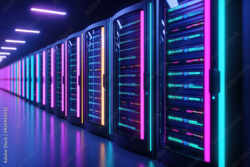 Modern data center with server racks illuminated by colorful neon lights, showcasing advanced technology and infrastructure for data storage and processing. Modern data center with server racks illuminated by colorful neon lights, showcasing advanced technology and infrastructure for data storage and processing.