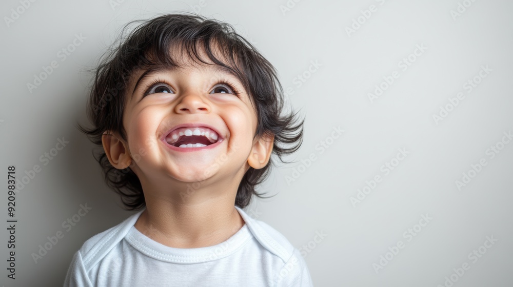 Happy toddler boy with a big smile, showing his teeth, looking upwards with joy, against a light background. Happy toddler boy with a big smile, showing his teeth, looking upwards with joy, against a light background.