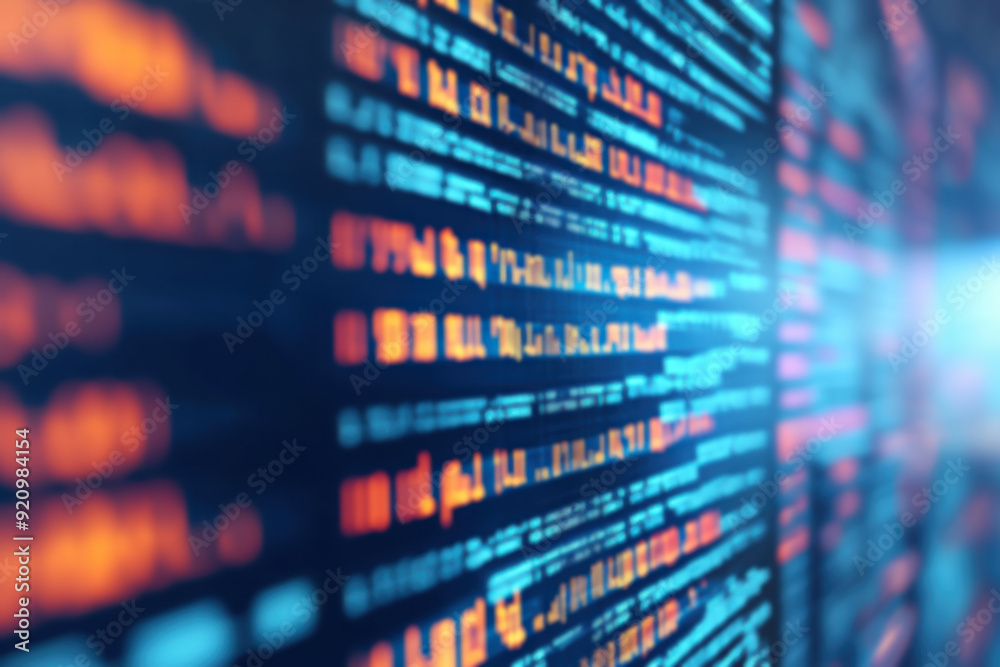 Close-up of complex code on a computer screen with blue and orange highlights, representing technology, programming, and data analysis. Close-up of complex code on a computer screen with blue and orange highlights, representing technology, programming, and data analysis.