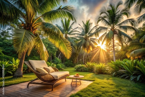 Serene tropical getaway scene featuring a stylish lounge chair nestled beneath a swaying palm tree, surrounded by lush greenery and warm golden lighting.