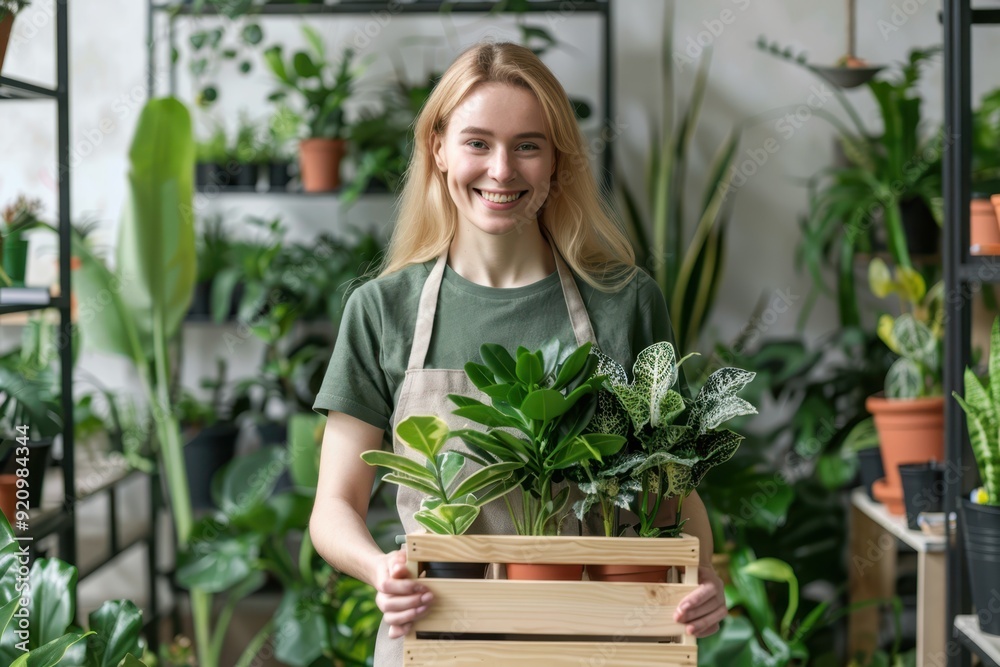A woman in an apron smiling while holding a wooden crate of fresh herbs and plants in a lush greenhouse, symbolizing organic gardening.