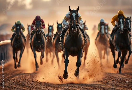 Cross view of horses racing closely in the hippodrome.