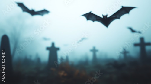 Foggy night in a graveyard with bats flying around photo