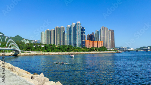 View at summer Tsueng Kwan O waterfront park, Hong Kong 