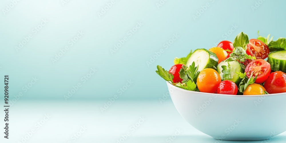 Fresh salad with tomatoes, cucumbers, olives, feta cheese, and arugula on a plate. The vibrant colors of the ingredients contrast with the bright blue background. Fresh salad with tomatoes, cucumbers, olives, feta cheese, and arugula on a plate. The vibrant colors of the ingredients contrast with the bright blue background.