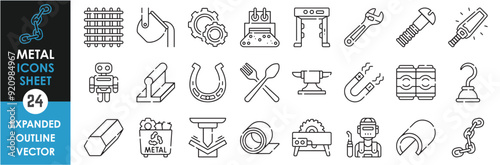 A set of line icons related to Metal. Metallic, mesh, wires, sheet, detector, screw, robots, cans, chain, worker, magnet, anvil and so on. Vector outline icons set.