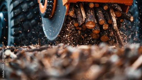 Dynamic close-up shot of a mechanical wood chipper actively chipping tree logs under a large tire, capturing the essence of logging and heavy machinery work. photo