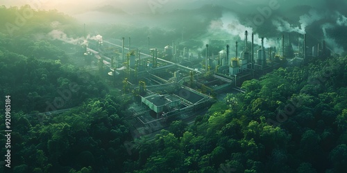 Heavy Industrial Factory in a Forest, Contrasting Nature with Industry