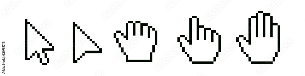 Pixel cursor. Pixel hand icon.
