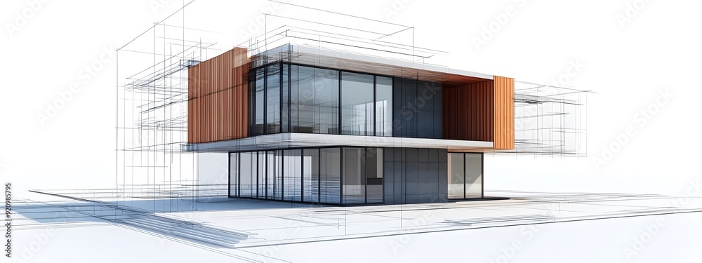 Architectural design, showcasing the exterior front view of a two-story modern house with wooden accents and large windows Architectural design, showcasing the exterior front view of a two-story modern house with wooden accents and large windows