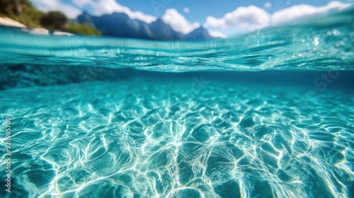 A breathtaking capture of crystal-clear, shallow ocean waters that brilliantly reflect the sunlight, creating mesmerizing patterns and showcasing the beauty of nature.