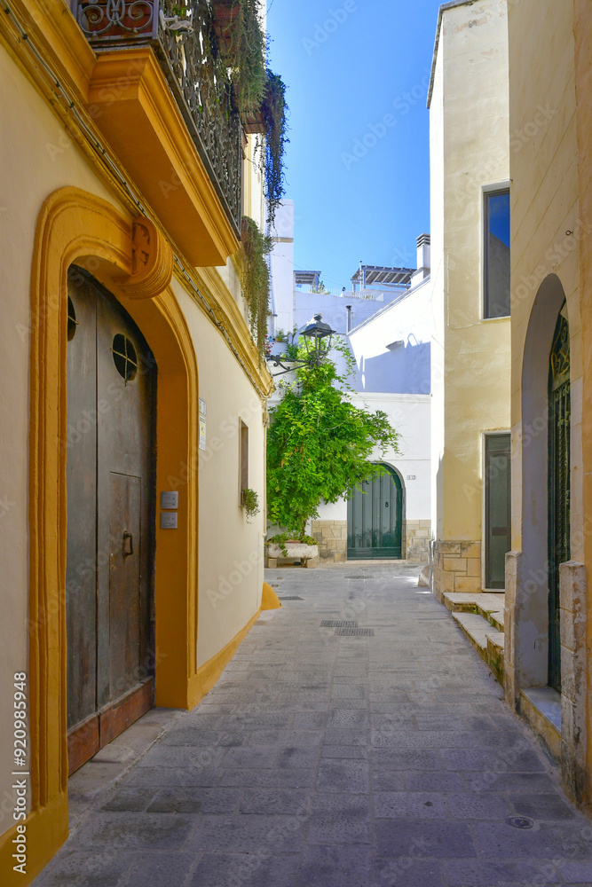 Fototapeta premium A narrow street in the historic center of Gallipoli, a tourist town in Puglia in Italy.