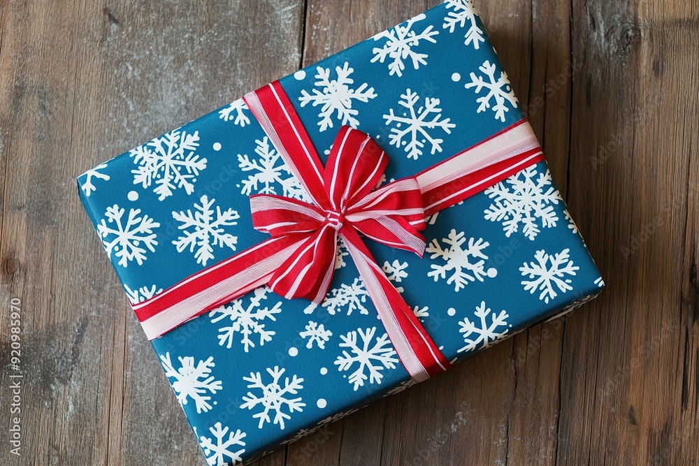 Blue gift box with snowflake pattern and red ribbon on wooden ta Blue gift box with snowflake pattern and red ribbon on wooden ta
