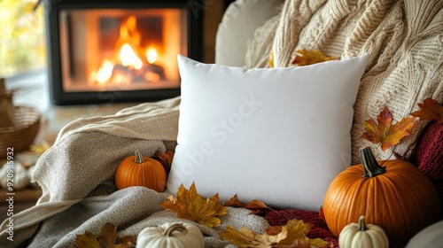 White throw pillow on a cozy chair surrounded by blankets, pumpkins, and autumn leaves photo