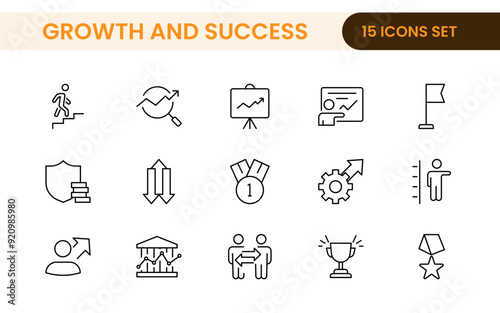Growth and Success modern outline style icons set. Successful business development, plan and process symbol illustration.