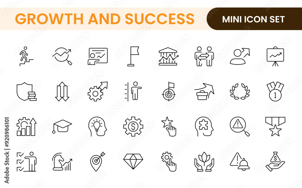 Growth and Success modern outline style icons set. Successful business development, plan and process symbol illustration. Growth and Success modern outline style icons set. Successful business development, plan and process symbol illustration.