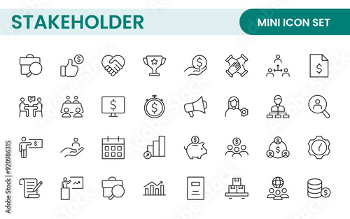 Stakeholder outline icons set. Business, teamwork, trade unions, suppliers, government, customers, creditors, community, investors and partners.