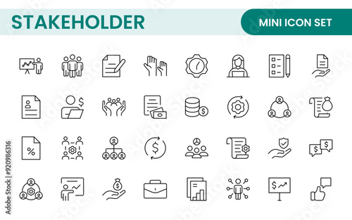 Stakeholder outline icons set. Business, teamwork, trade unions, suppliers, government, customers, creditors, community, investors and partners.