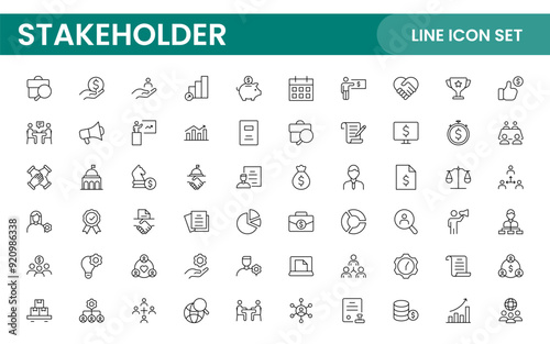 Stakeholder outline icons set. Business, teamwork, trade unions, suppliers, government, customers, creditors, community, investors and partners.