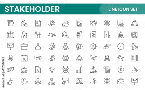 Stakeholder outline icons set. Business, teamwork, trade unions, suppliers, government, customers, creditors, community, investors and partners.