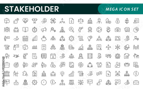Stakeholder outline icons set. Business, teamwork, trade unions, suppliers, government, customers, creditors, community, investors and partners.
