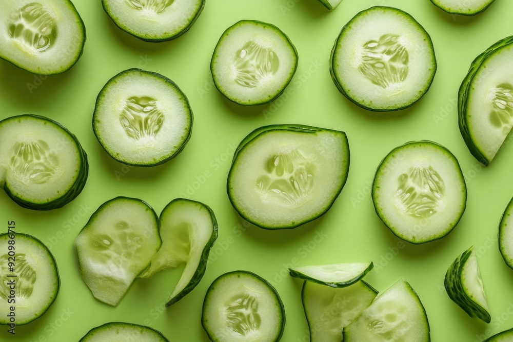 Creative layout made of cucumber on the green background. Flat lay. Food concept - generative ai Creative layout made of cucumber on the green background. Flat lay. Food concept - generative ai