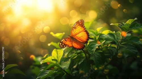 Orange butterflies flying in the garden. spreading wings butterfly on a leaf