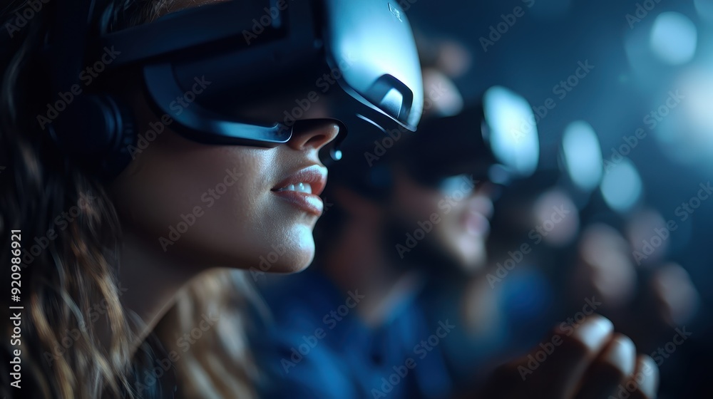 Group of people wearing virtual reality headsets, immersed in a digital experience in a dark room. They engage with the VR environment, showcasing modern tech immersion. Group of people wearing virtual reality headsets, immersed in a digital experience in a dark room. They engage with the VR environment, showcasing modern tech immersion.