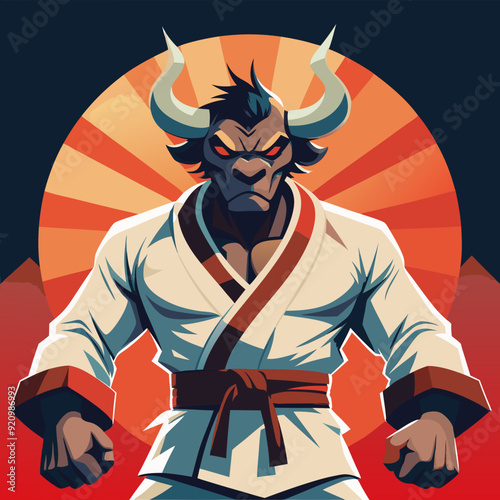 karate bull maskot in kimono