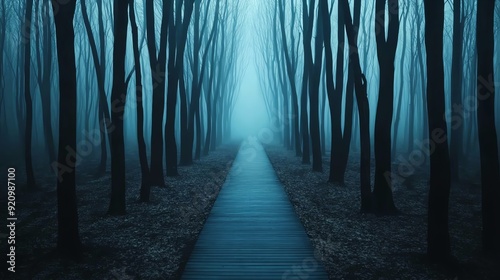 Spooky pathway through a haunted forest photo