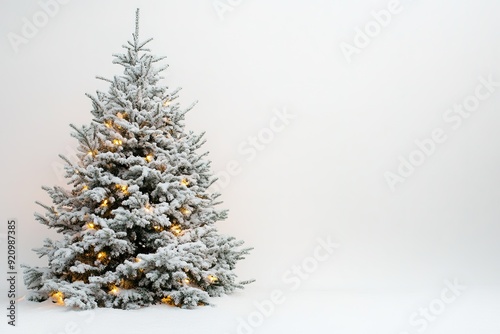 Snow-covered Christmas tree with warm lights, minimalistic style