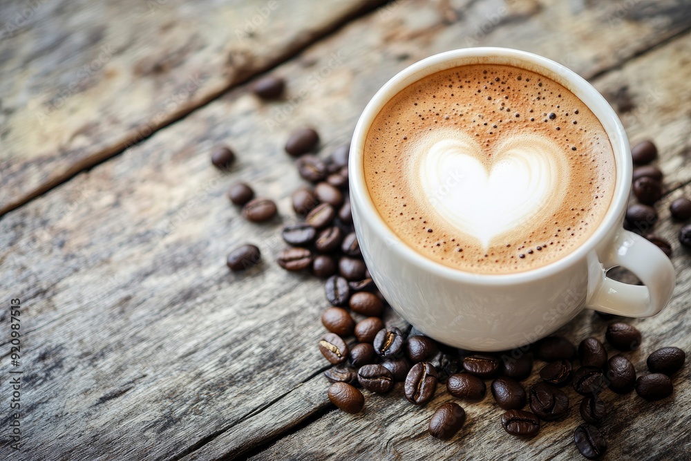 Cup of coffee latte with heart shape and coffee beans on old wooden background - generative ai Cup of coffee latte with heart shape and coffee beans on old wooden background - generative ai