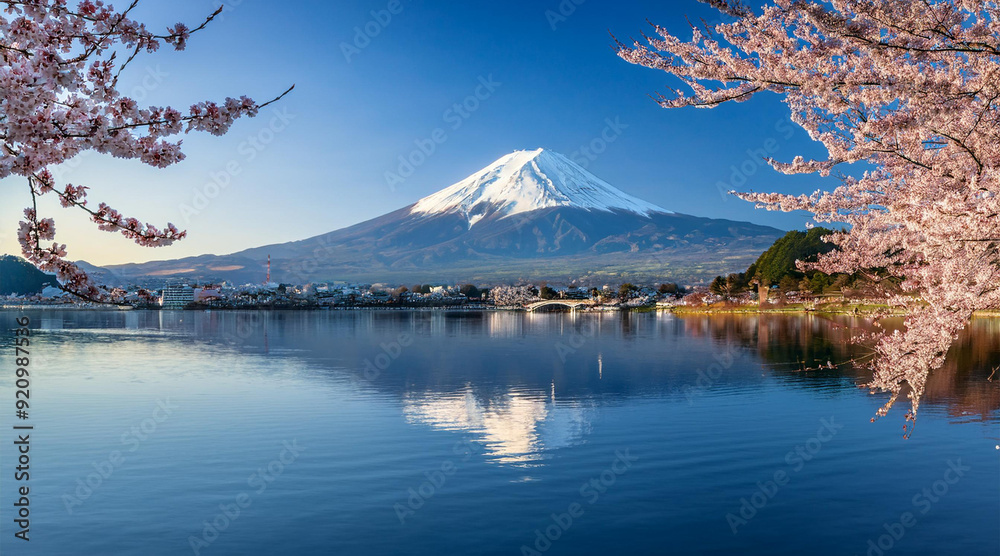 Japan Mount Fuji reflected in the still waters of Lake Kawaguchi during cherry blossom season Japan Mount Fuji reflected in the still waters of Lake Kawaguchi during cherry blossom season