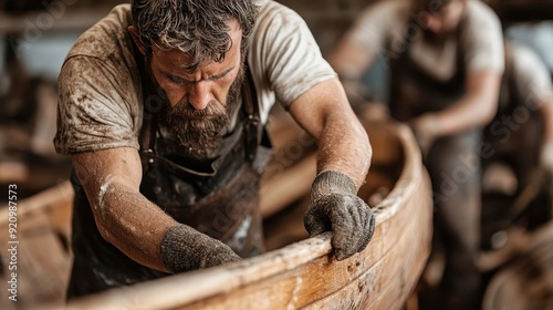 Dedicated craftsmen intensely focused on working together to construct the wooden frame of a boat, capturing the essence of manual labor, skill, and teamwork in this closeup. photo