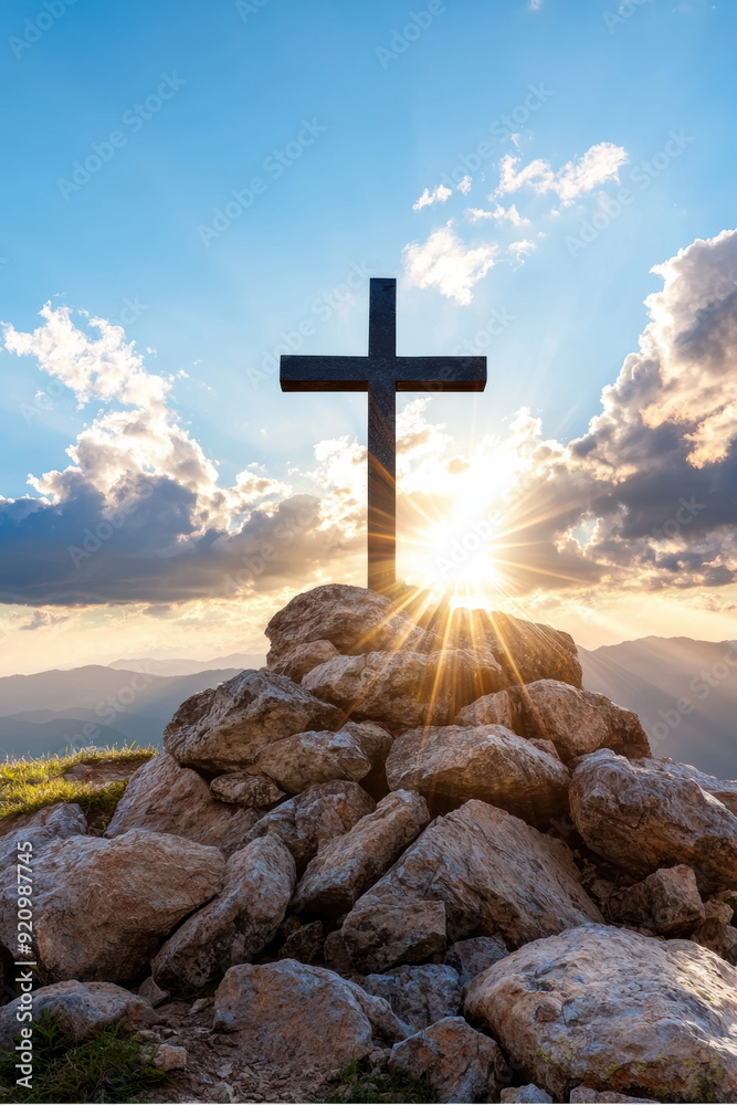 Scenic view of a cross on a rocky hill with sun rays piercing through clouds, representing spirituality, faith, and nature at sunset. Scenic view of a cross on a rocky hill with sun rays piercing through clouds, representing spirituality, faith, and nature at sunset.