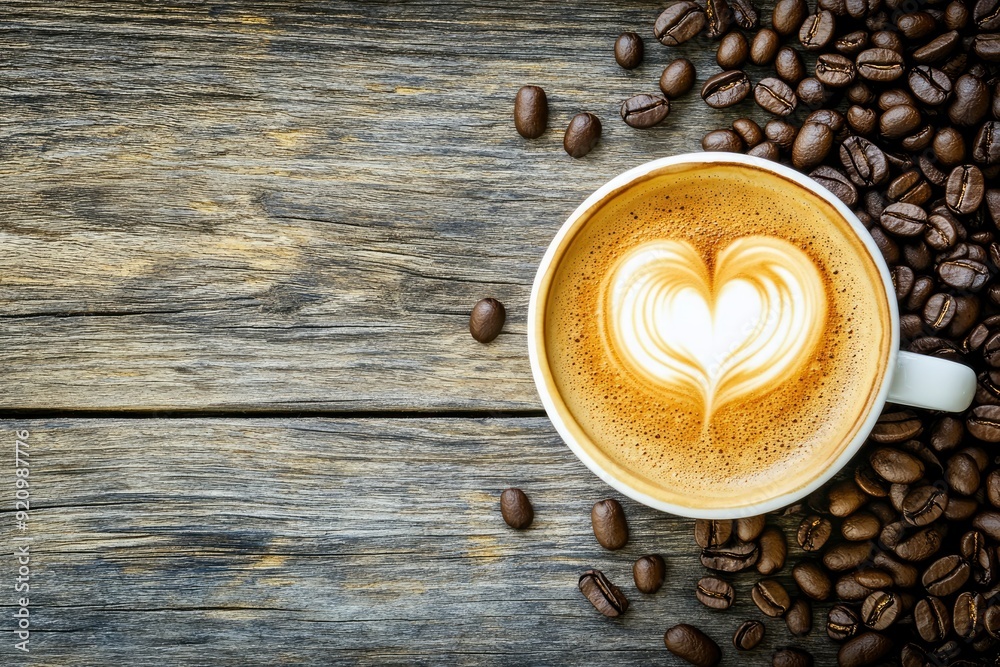 Cup of coffee latte with heart shape and coffee beans on old wooden background - generative ai Cup of coffee latte with heart shape and coffee beans on old wooden background - generative ai