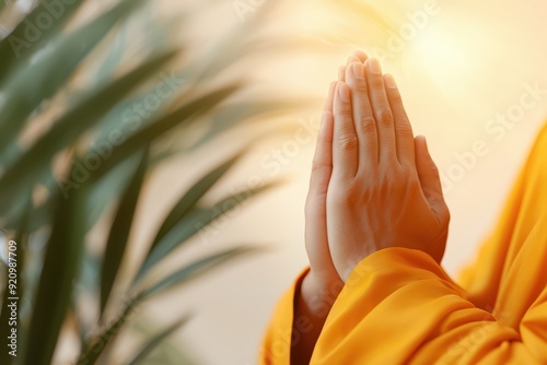 A close-up of hands in prayer, symbolizing peace and spirituality, with soft light and a serene background of greenery.