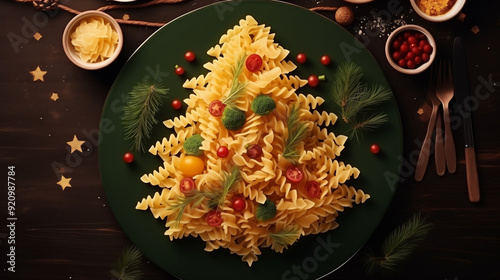 Composition with plate of tasty pasta in the shape of a Christmas tree photo