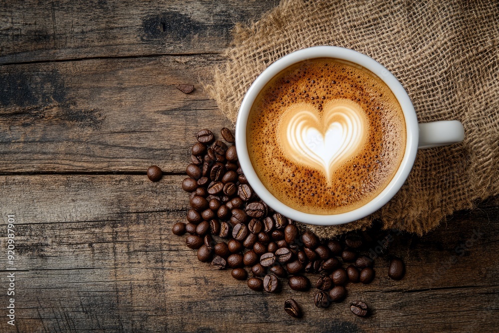 Cup of coffee latte with heart shape and coffee beans on old wooden background - generative ai Cup of coffee latte with heart shape and coffee beans on old wooden background - generative ai