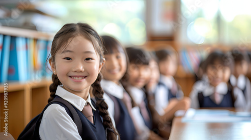 Beautiful smiling asian schoolgirl in school uniform with a school bag. Blurred images schoolchildren. Education, school, learning. Back to school.