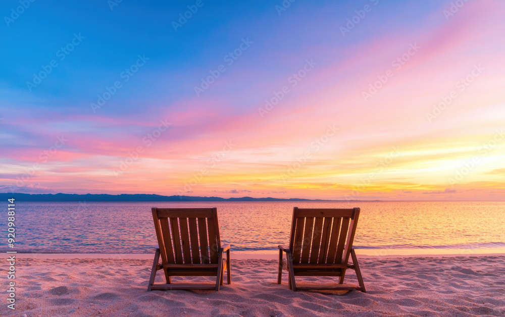 Two wooden chairs on a tranquil beach facing a stunning sunset over the ocean, with a beautiful gradient of colors in the sky. Two wooden chairs on a tranquil beach facing a stunning sunset over the ocean, with a beautiful gradient of colors in the sky.