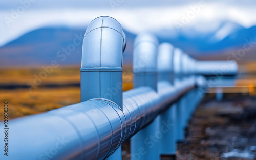 Long pipeline system extending through a vast landscape, conveying energy resources, with mountains in the background and a cloudy sky above. photo