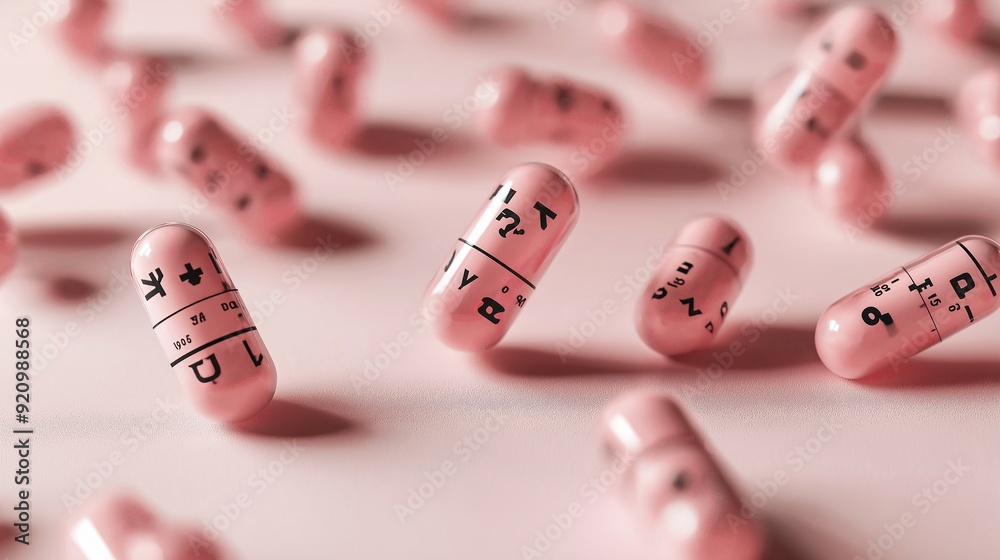 Close-up of pink capsules with black printed letters scattered on a light background. Close-up of pink capsules with black printed letters scattered on a light background.