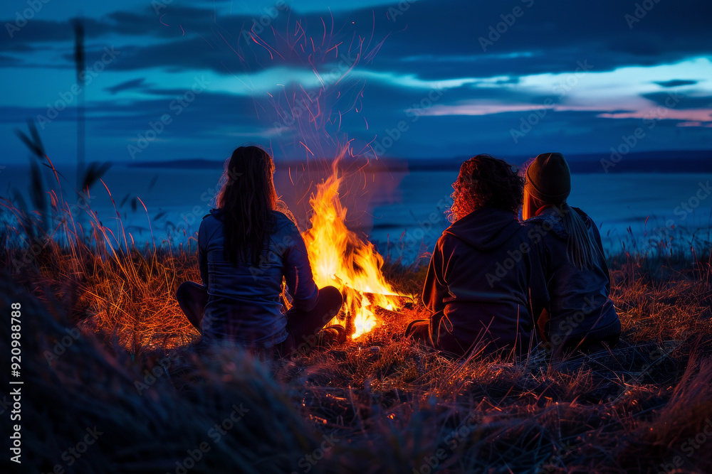 © SunFlower - Three female tourists sitting by the fire near the camp on a blue night. Rear view of people against the backdrop of a bright bonfire © SunFlower - Three female tourists sitting by the fire near the camp on a blue night. Rear view of people against the backdrop of a bright bonfire
