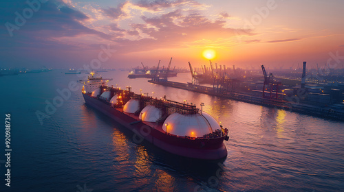 Liquified natural gas carrier with six storage tanks anchored near the harbour gas terminal. Aerial drone photo. Advanced liquefied gas carrier