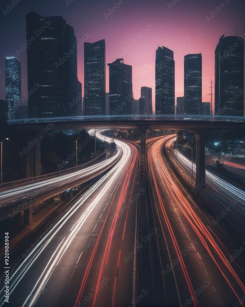 Fototapeta premium Cityscape with Light Trails at Dusk