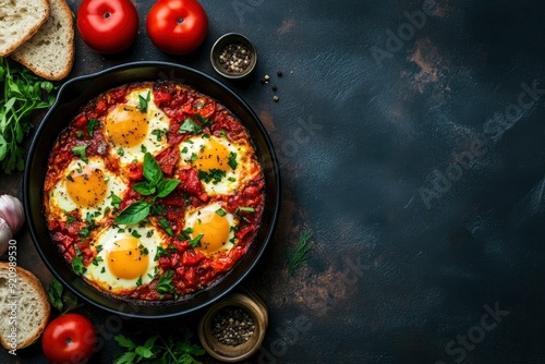 Delicious shakshuka breakfast in a pan. Flat lay with copy space - generative ai