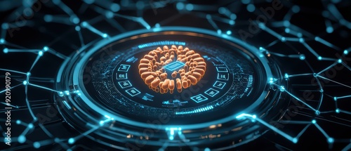 Wallpaper Mural A futuristic circuit design featuring a glowing golden element at its center amidst a web of blue connections. Torontodigital.ca