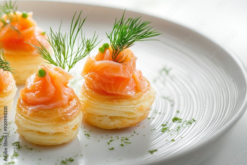 Elegant salmon profiterole garnished with dill on a minimalist white plate, ideal for gourmet finger food concept - generative ai Elegant salmon profiterole garnished with dill on a minimalist white plate, ideal for gourmet finger food concept - generative ai