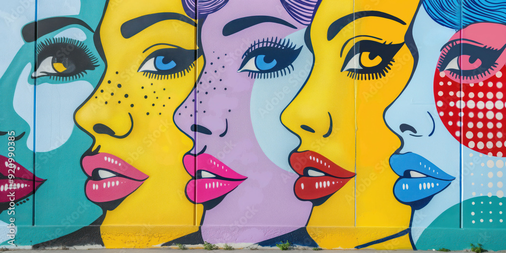 Obraz premium Vibrant Pop Art Mural of Colorful Female Faces in Urban Street Art